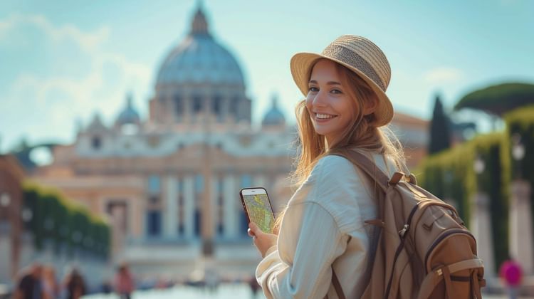 A girl checks her phone map with St. Peter's Basilica in the background on a sunny day near The Independent