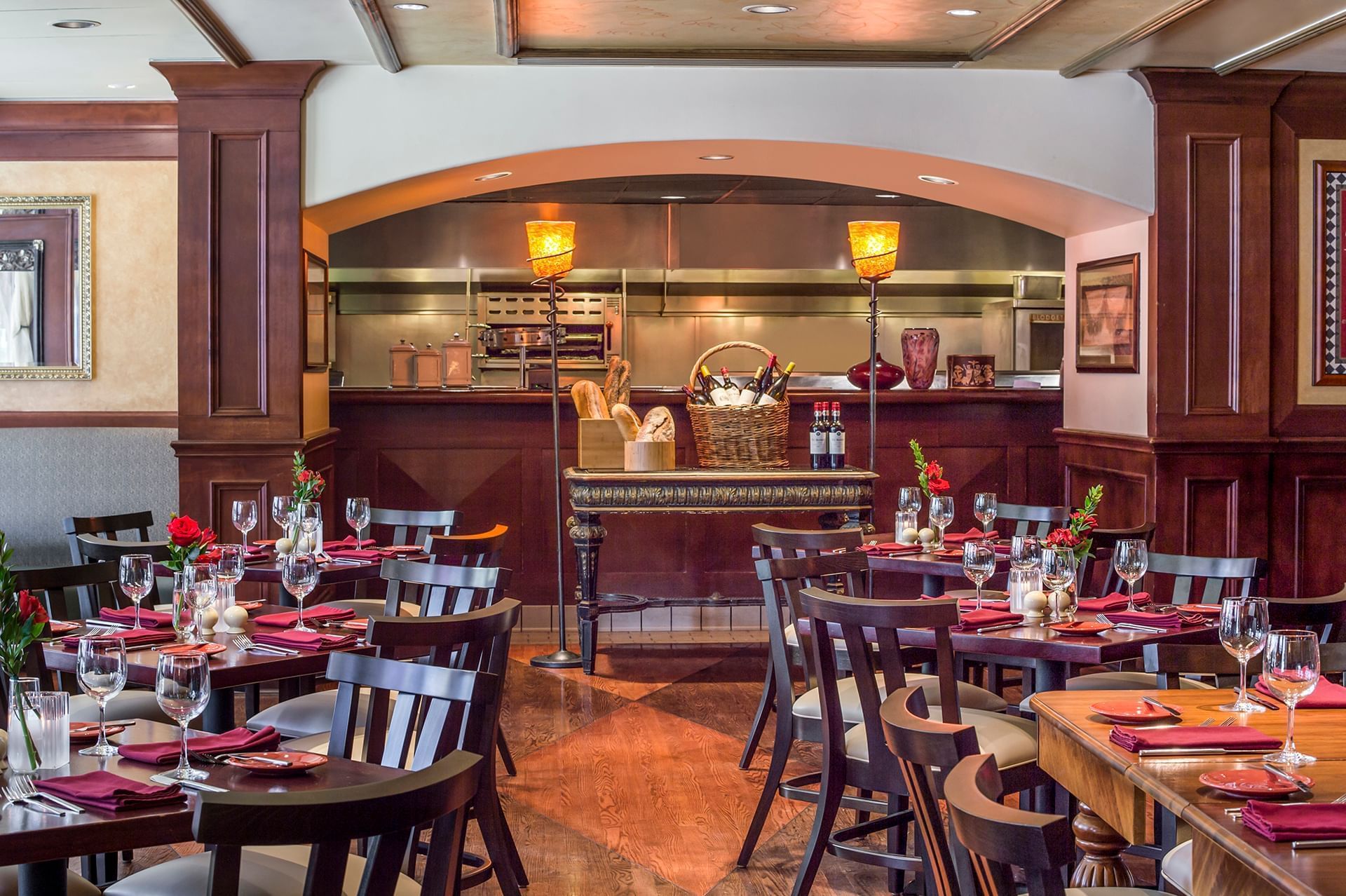 Dining and open kitchen area in Margaux Restaurant at Warwick Seattle
