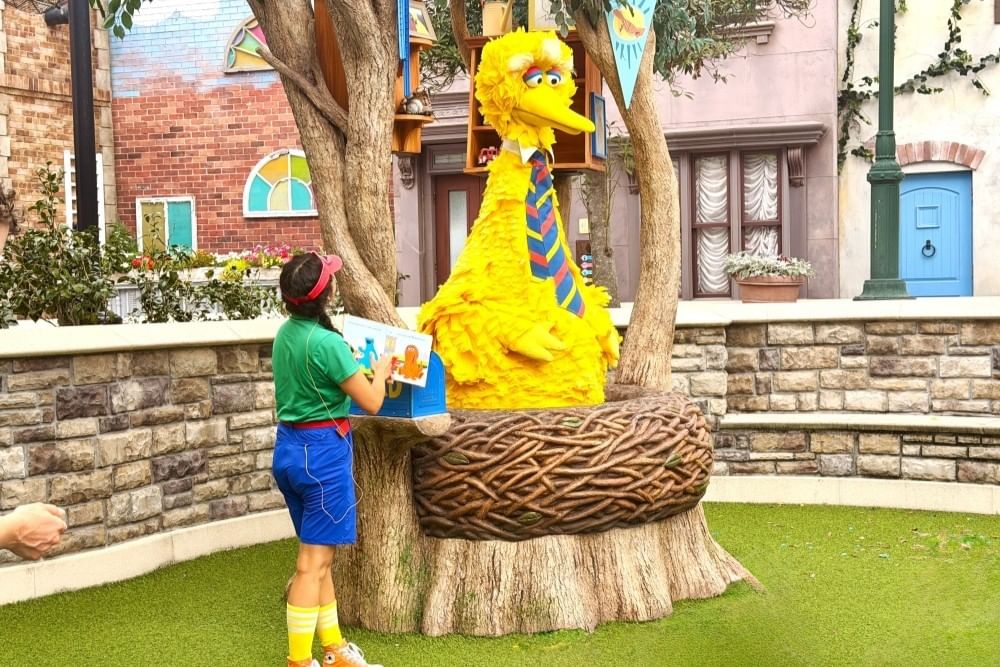 Big Bird, a large yellow feathered bird, sits in an oversized birds nest beside a woman in brightly colored clothing reading a book to a crowd.