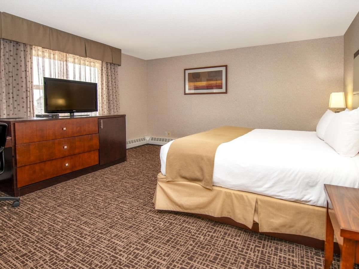 Hotel room with bed, desk, chair, TV, and wooden furniture in a cozy setting.