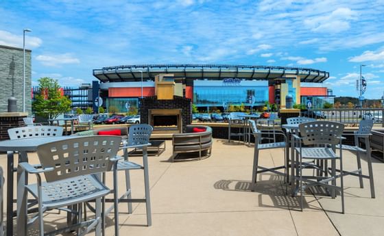 outdoor lounge with view to gillette stadium