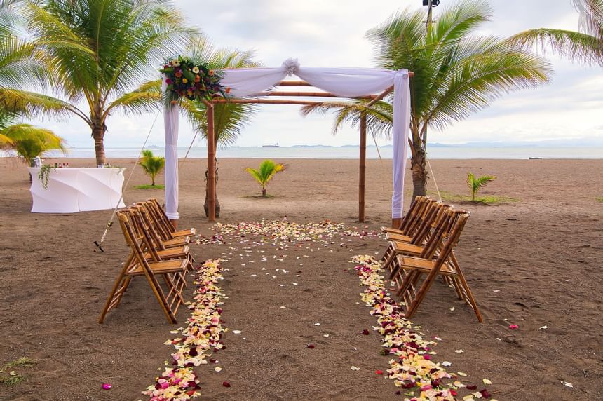 Outdoor wedding ceremony setup near the beach at Fiesta Resort