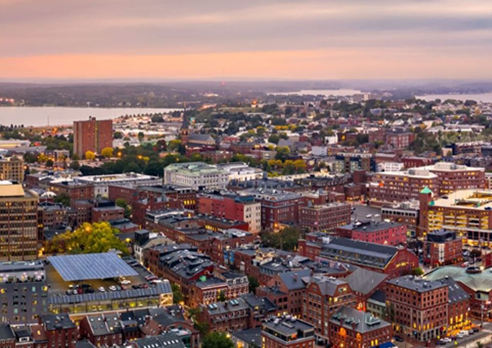 Aerial view of the city with buildings near Portland Harbor Hotel