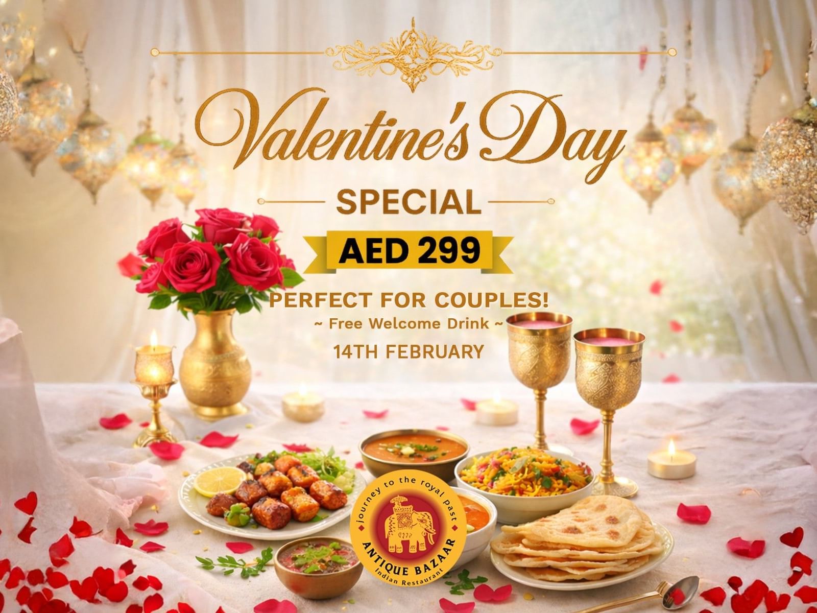 Valentine's Day special offer at AED 299 for couples with a free welcome drink on February 14th.