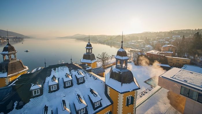 High-angle view of the hotel exterior at Falkensteiner Schlosshotel Velden