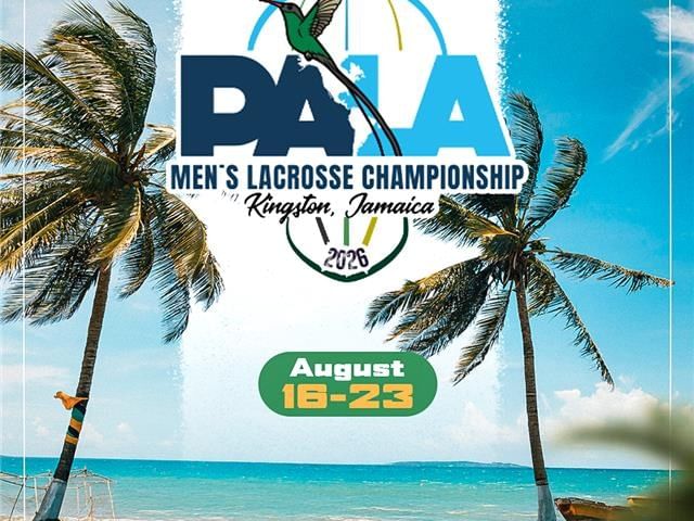 PALA Men\'s Lacrosse Championship promo banner showing palm trees on beach in Kingston near Jamaica Pegasus Hotel