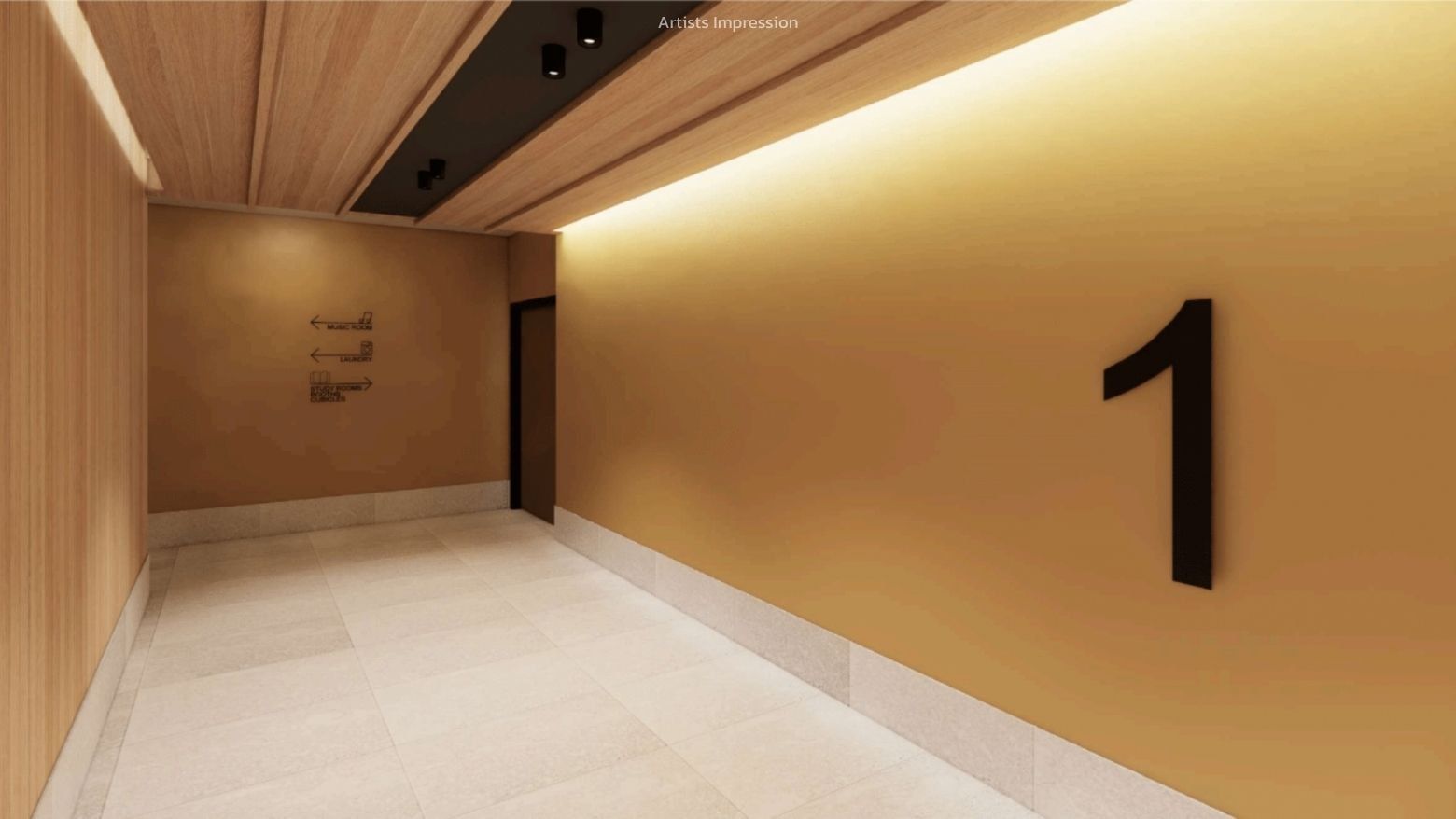 Empty hallway with a yellow wall, white tiled floor, and number 1 at UniLodge Brisbane City.