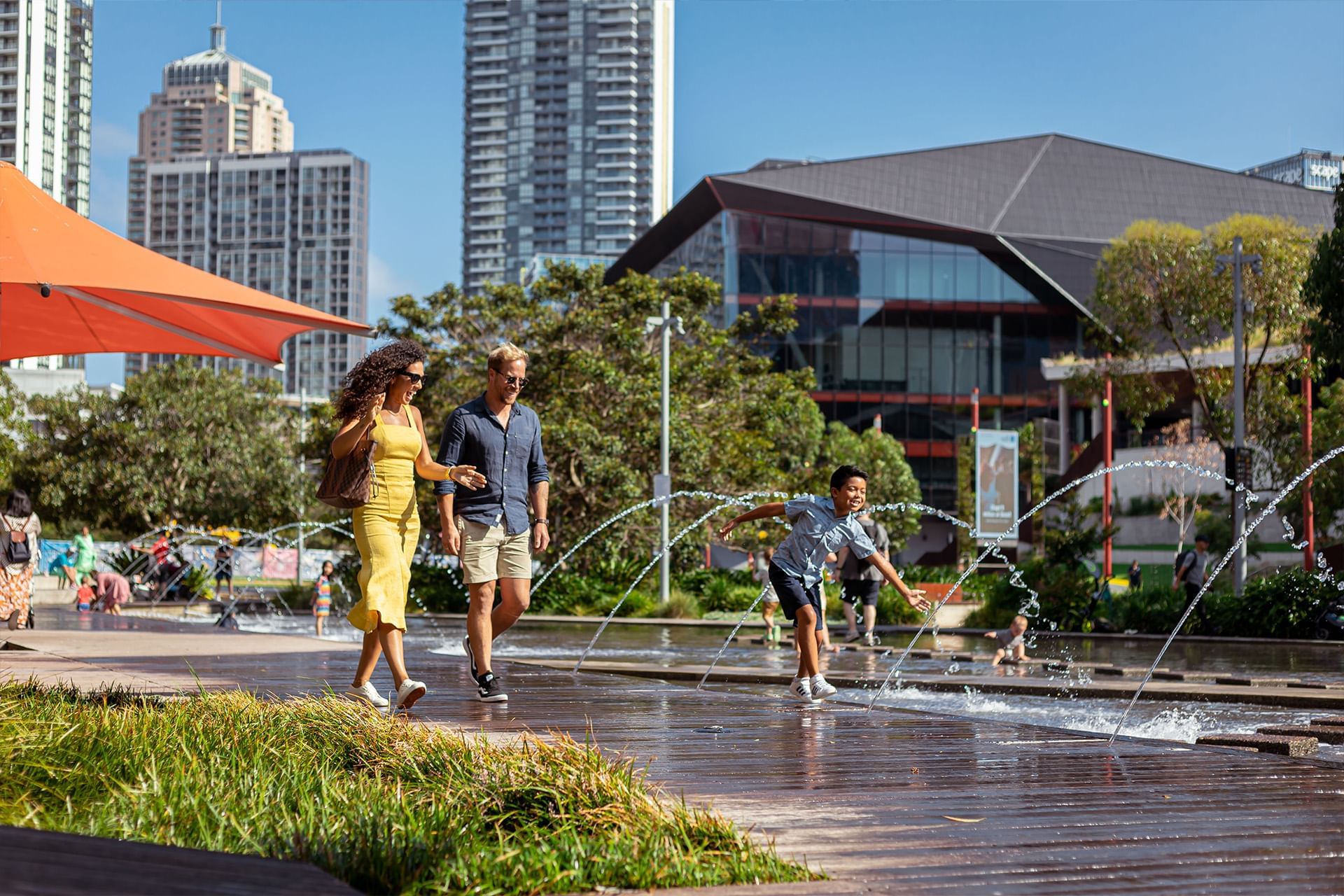 Water fountains in Tumbalong Park near Novotel Darling Square