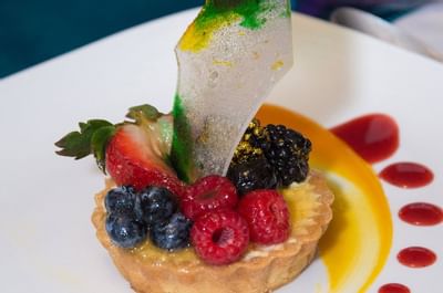 Close-up of a Tart sweet dish served at Bougainvillea Barbados