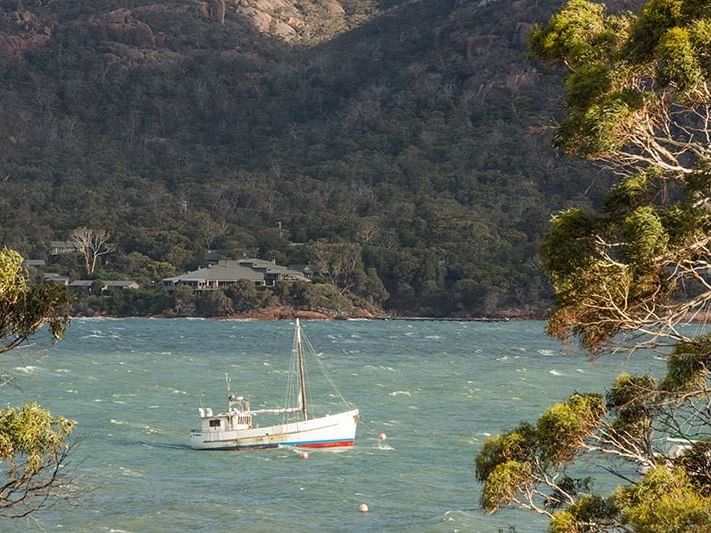 View of a Boat stopped at the coastline at Freycinet Lodge