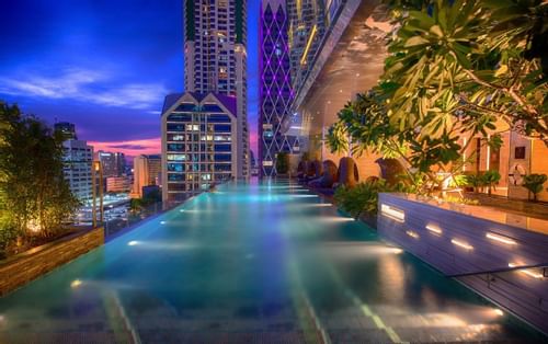 Outdoor pool area with city view at Eastin Hotels
