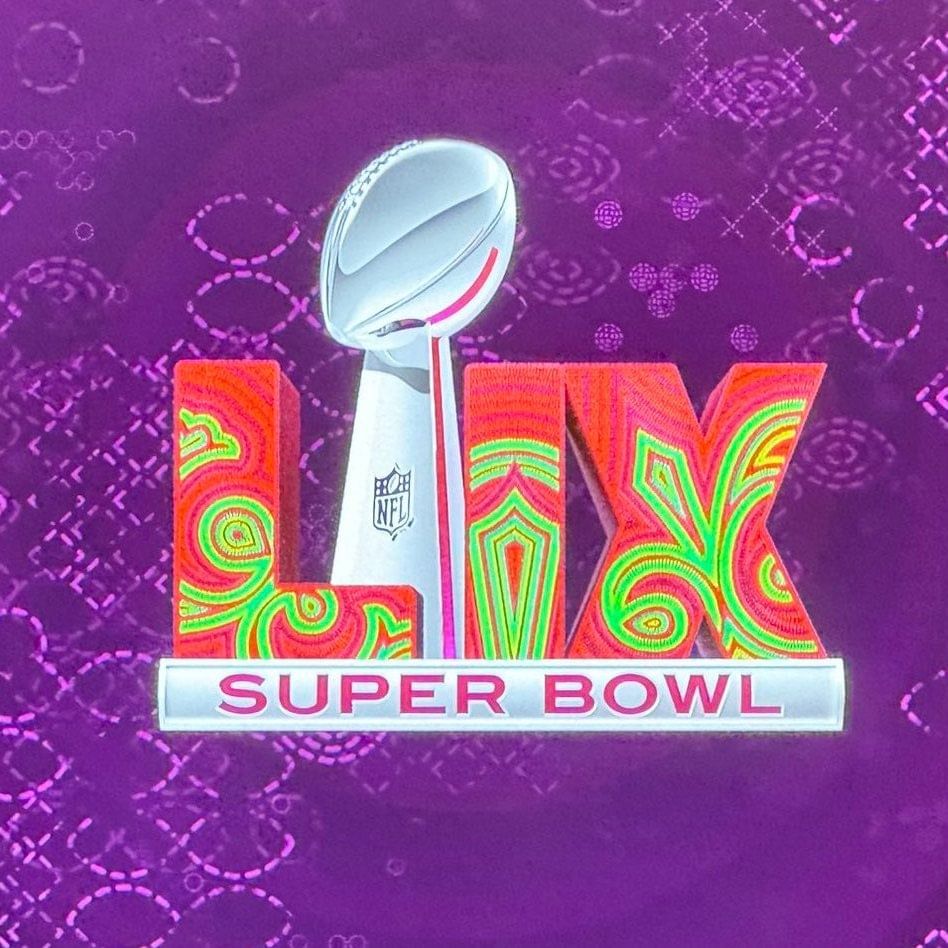 The Super Bowl LIX Logo, with a purple background, red letters with green Mardi Gras-inspired designs, and the silver Lombardi trophy.