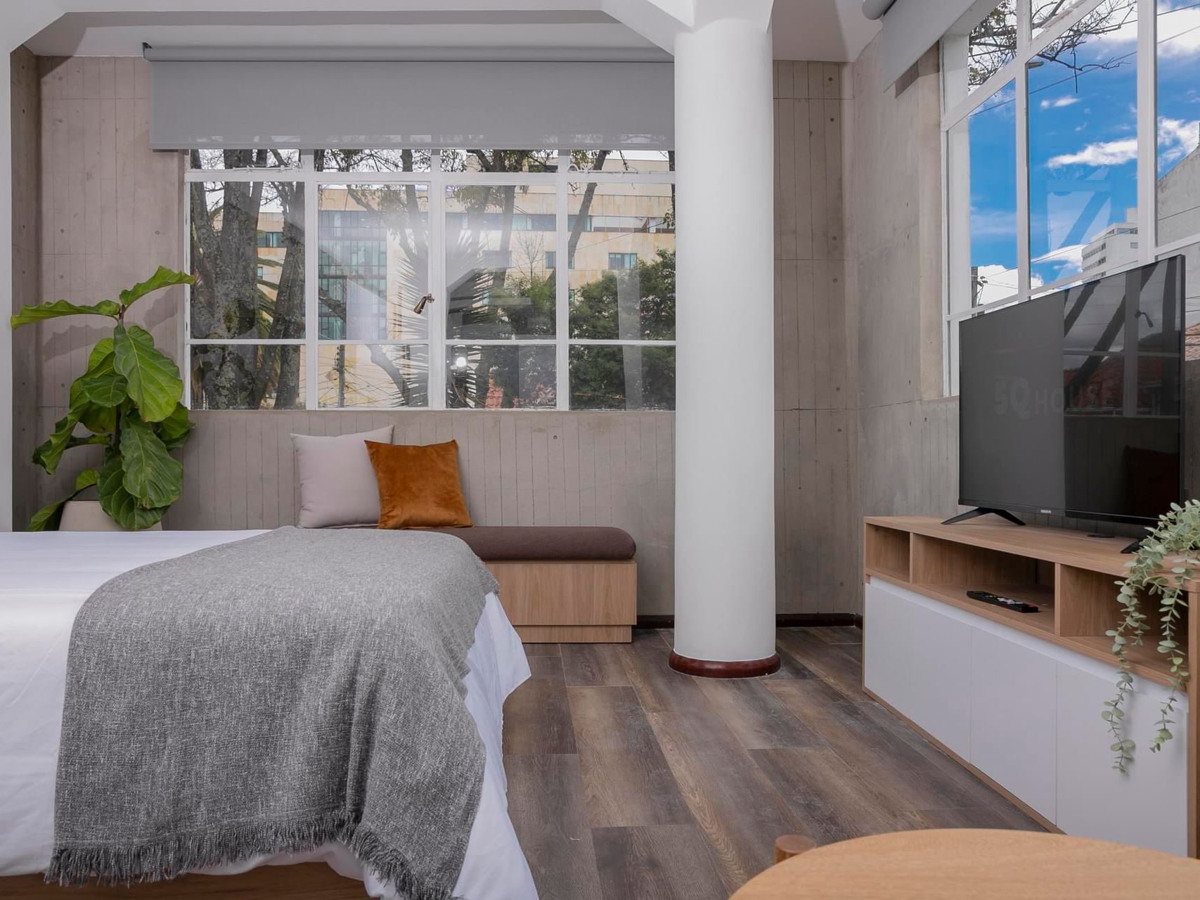 Room with large windows, cozy seating, greenery and TV stand bringing comfort in Grand Premium at 5Q House Quinta Camacho
