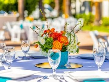 Closeup on a banquet table in The Cabana Room at Anaheim Hotel