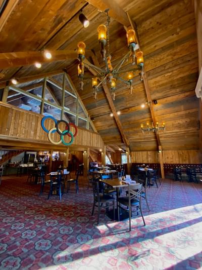 Dining table setup in Cedar House at Granlibakken Tahoe