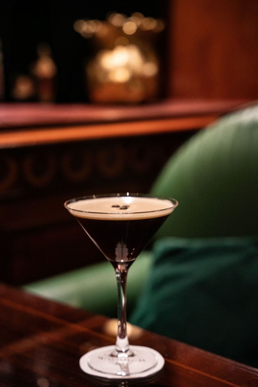 Close-up of an espresso martini in a glass served in Duke's Bar at Hotel Westminster Paris