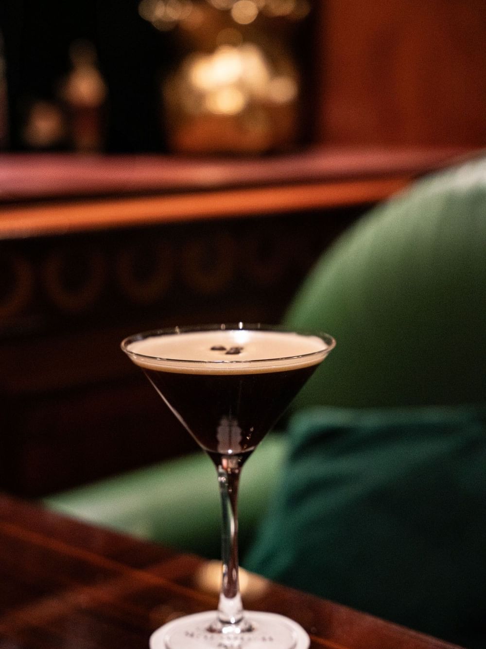 Close-up of an espresso martini in a glass served in Duke's Bar at Hotel Westminster Paris
