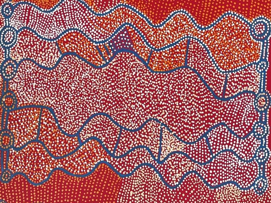 Painted wall art of Ngaoa Tjukurrpa in Mitchell Fine Art near Sofitel Brisbane Central