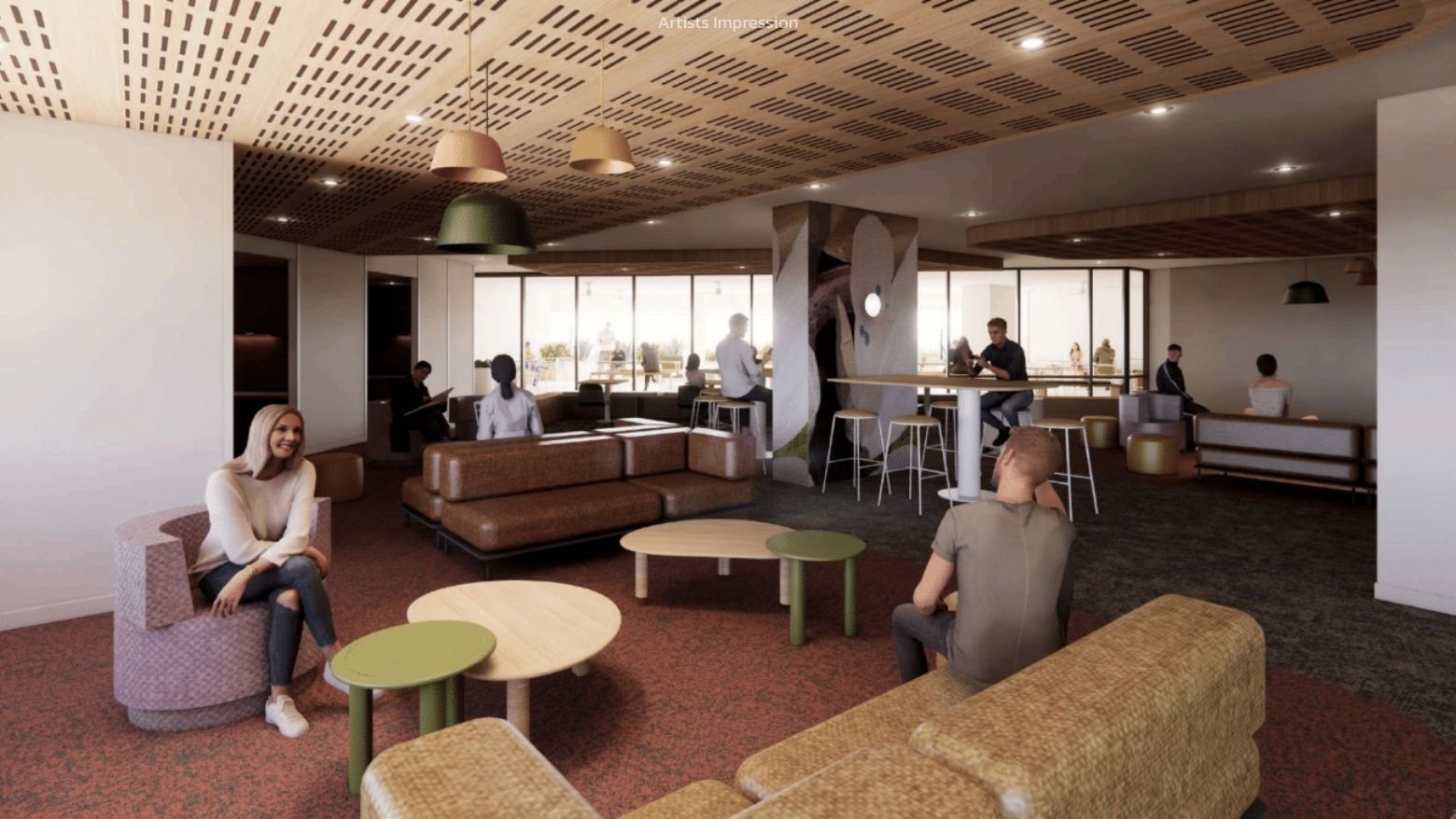 Modern lobby design with people sitting on couches and tables at UniLodge Brisbane City.