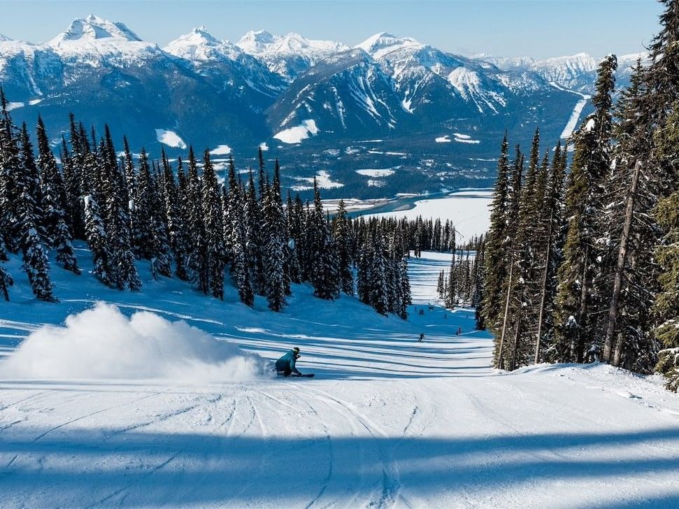 Snowboarder charging down a run on Revelstoke Mountain Resort with pine trees and mountains in the background.