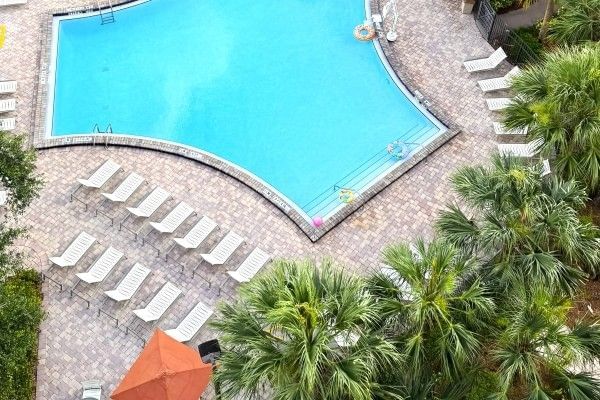 An overhead shot of the pool at Rosen Inn at Pointe Orlando surrounded by palm trees and lounge chairs.