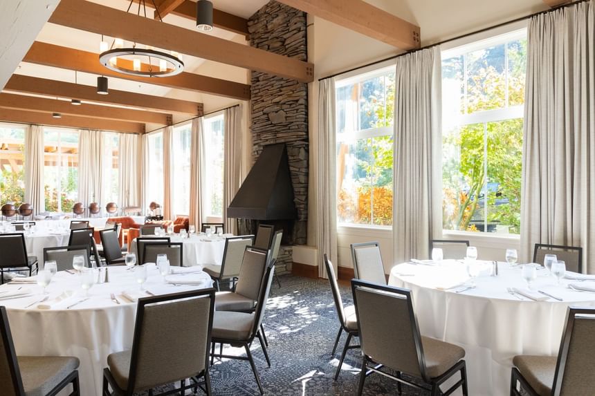 Banquet tables set-up in a meeting room at Alderbrook Resort & Spa