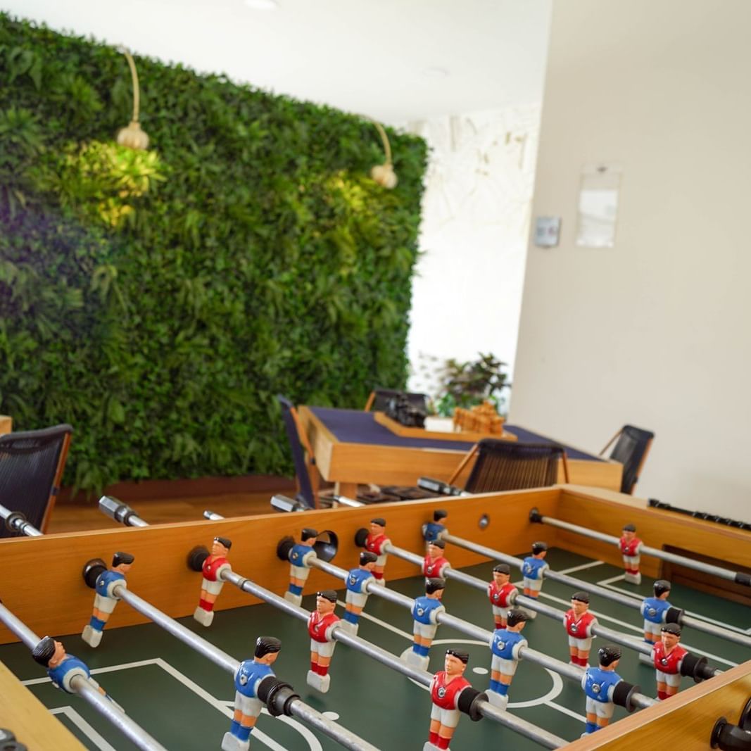 Close up of the foosball table at Factory Green Hotel