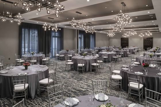 tables and chairs in a ballroom