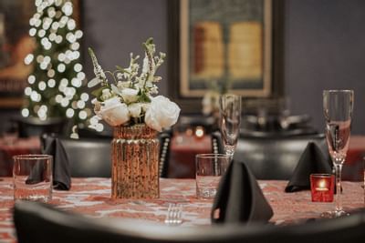 banquet room with christmas tree in background