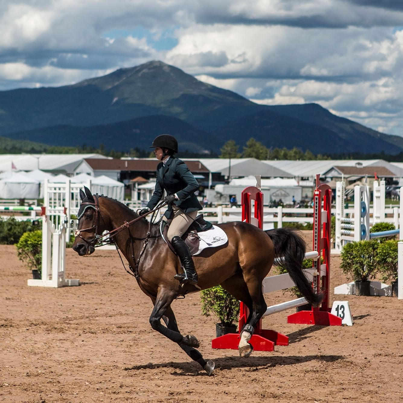 Equestrian rider on brown horse jumping over red and white obstacle at Lake Placid Horse Shows with mountains in background.