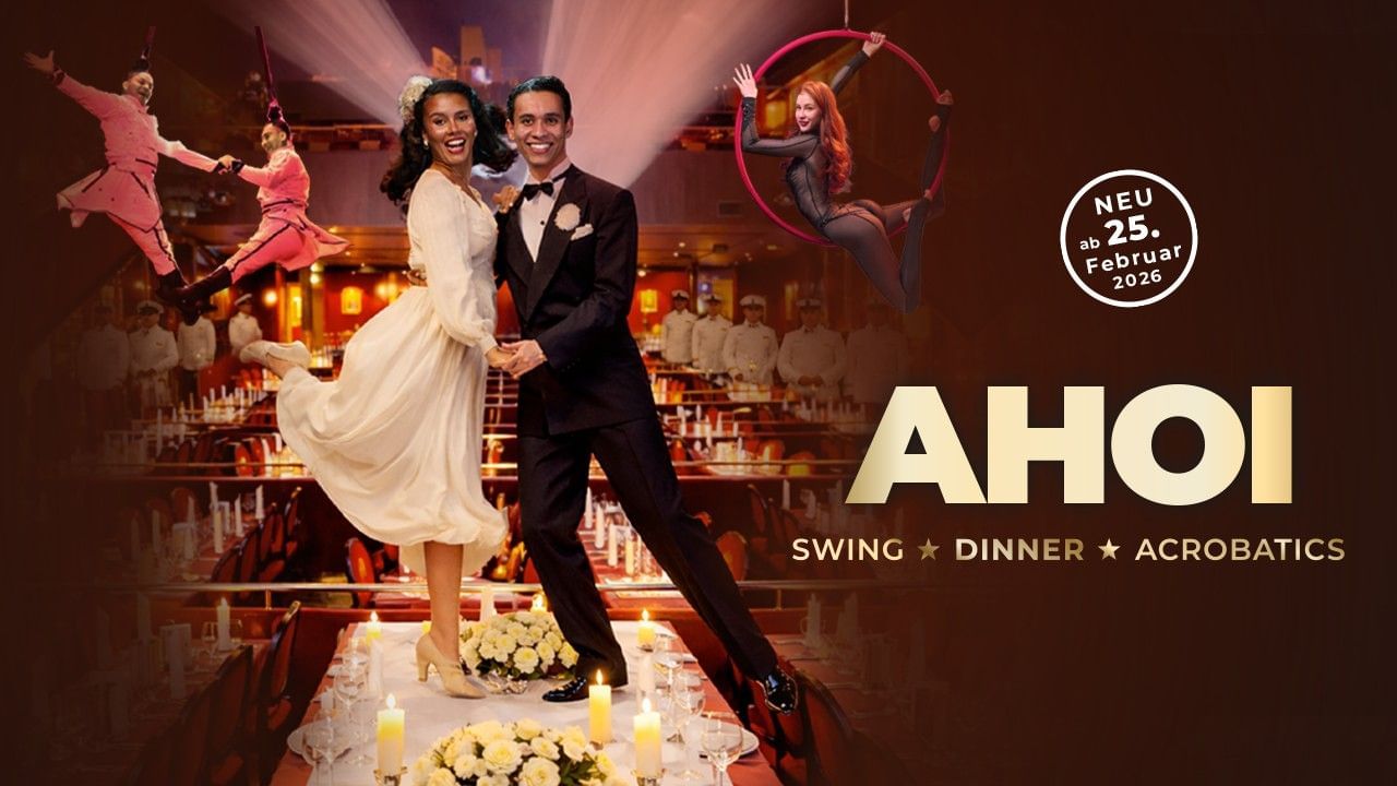 Elegant couple dancing, acrobats, and dinner for Titanic meets Wintergarten Show AHOI.
