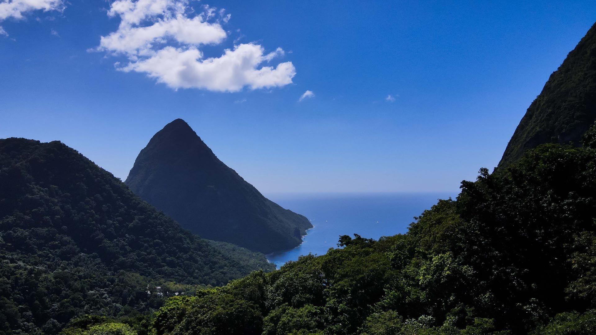 Distant view of the mountain Gros Piton Saint Lucia on a sunny day near Ladera Resort