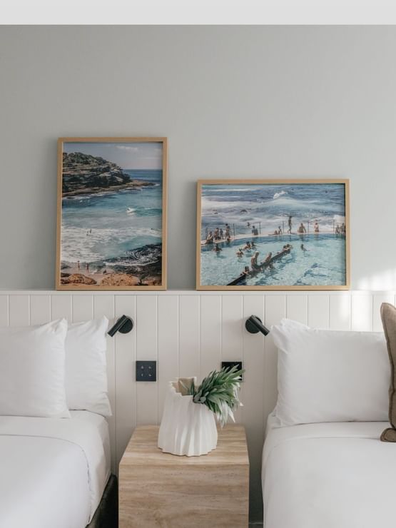 Ocean View Terrace Twin at Elysium Manly with olive linen cushions by a nightstand & vase, best places to stay in Manly