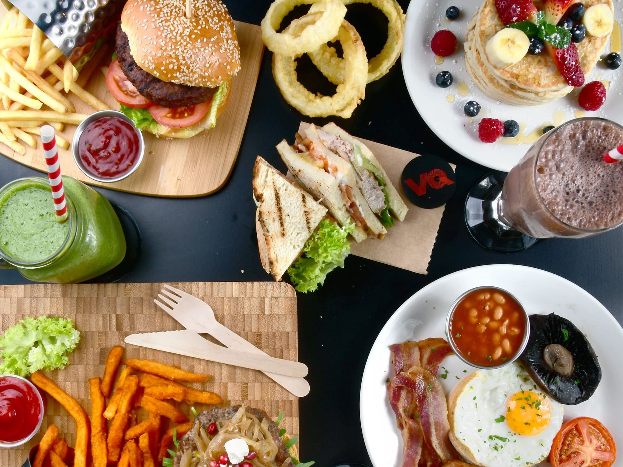 Close up on a table served with food in VQ at St. Giles London