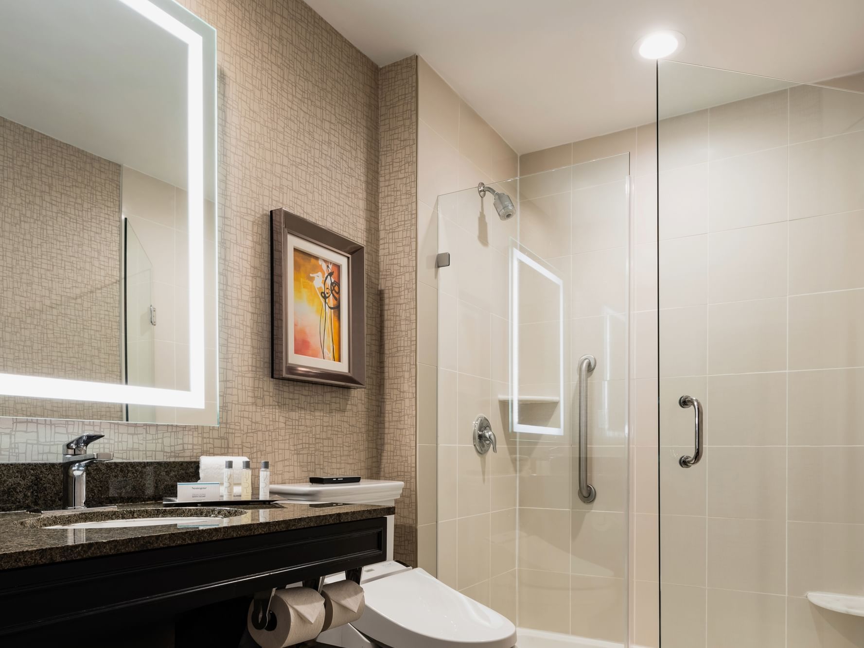 Modern bathroom with roll-in shower, sink, and toilet at APA Hotel Woodbridge in Iselin.