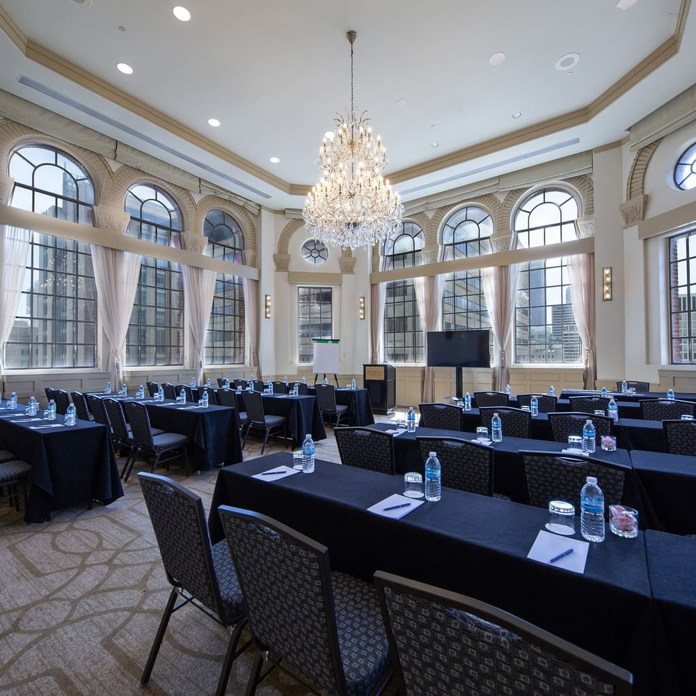 Classroom setup with chairs near the window in Tip Top Tap North event room at Warwick Allerton Chicago