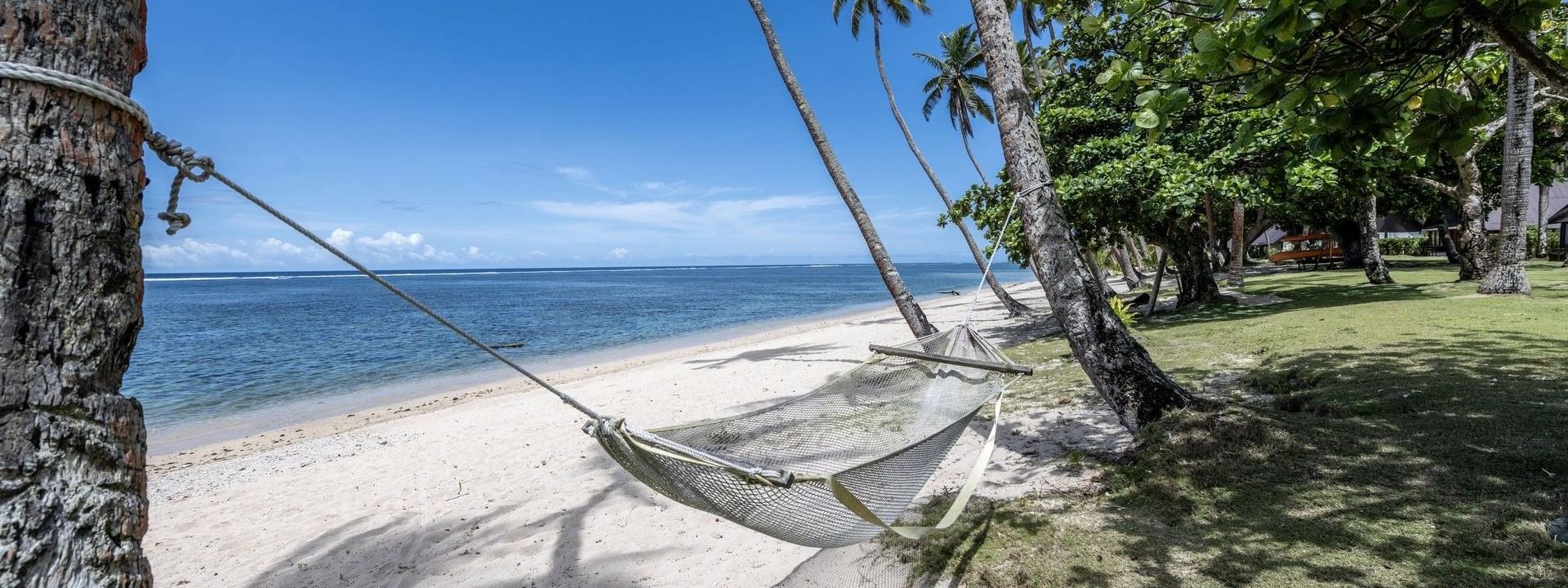 Hammock on a sandy beach under palm trees at Tambua Sands Beach Resort in Sigatoka