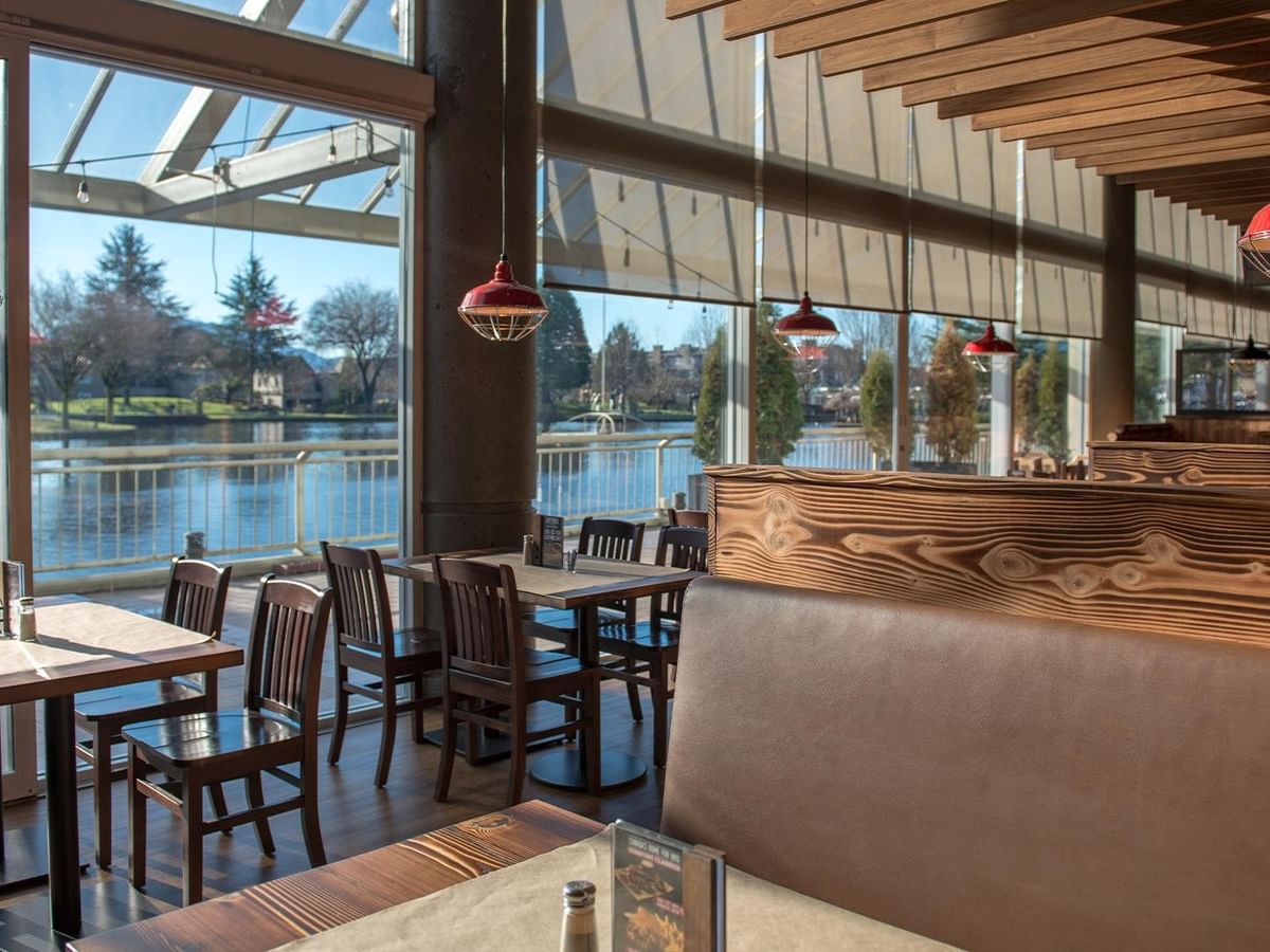 Indoor of Montana's BBQ & Bar with pond view.