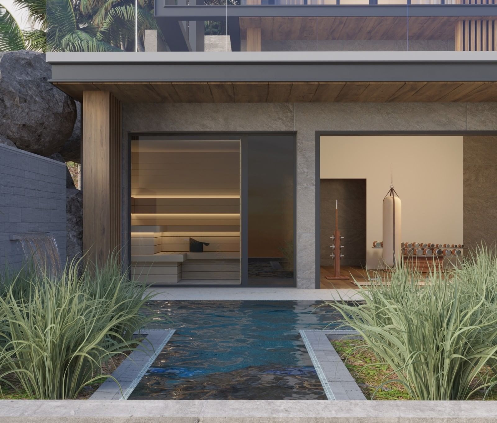 Azure Villa's spa and gym with a sauna, a punching bag, and a serene reflective pool at A'ila Villas