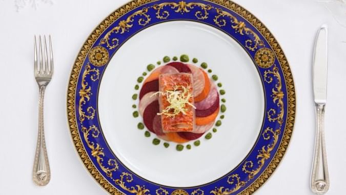 Close-up of garnished dessert at Palazzo Versace Dubai 