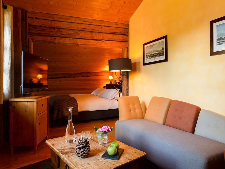 Single bedroom with living area & TV at Chalet hotel la ferme .