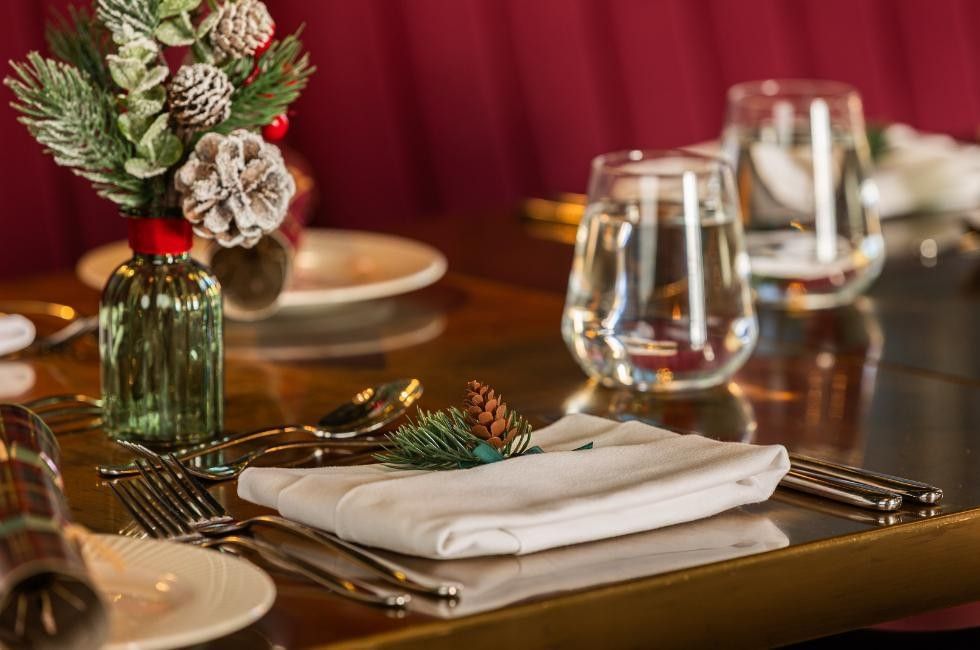 Table beautifully decorated for festive lunch and dinner at Easthampstead Park in Wokingham