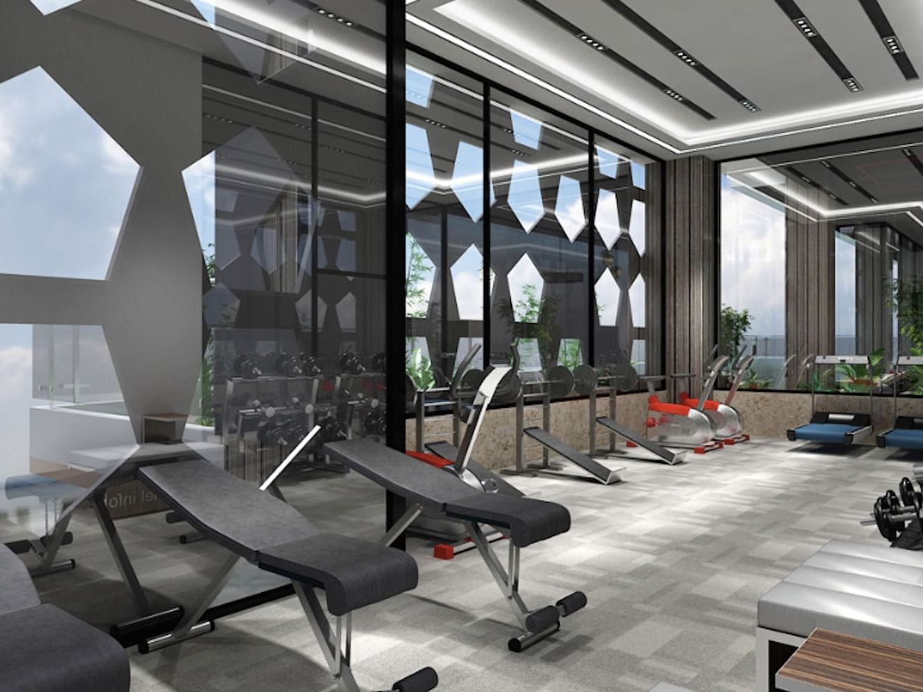 Hotel gym with adjustable gym workout bench at Easton Hotels