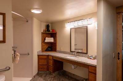 Bathroom featuring a roll-in shower and a large vanity with granite countertop in The Cottonwoods at The Ranch at UCross