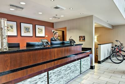 A woman in the reception area at hotel 43