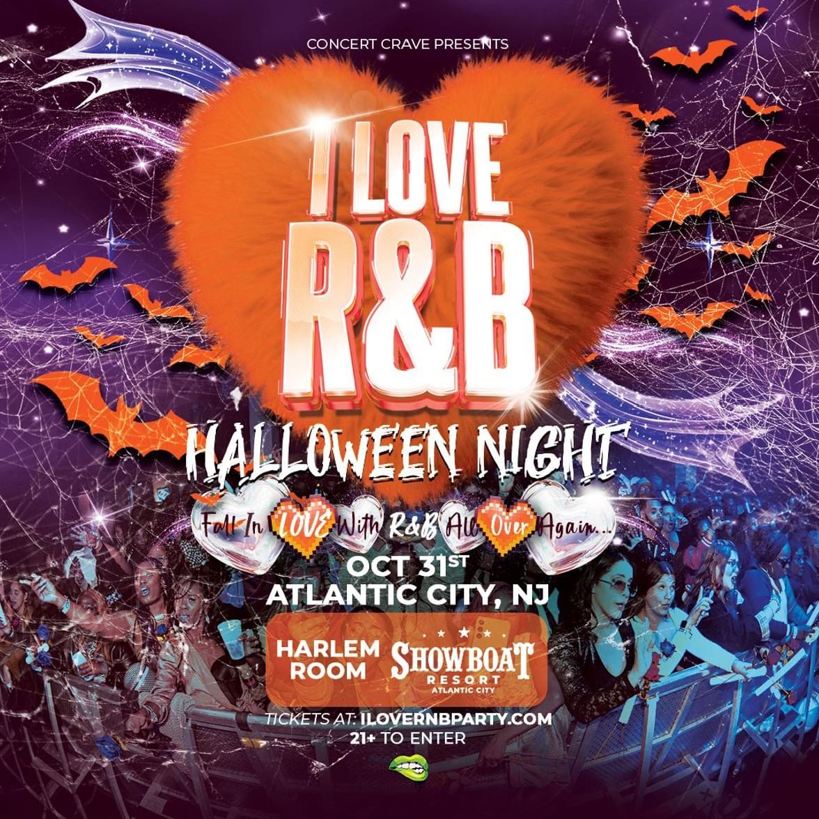 Promotional poster for I Love R&B Party Halloween Night event featuring orange heart, bats, and crowd on purple background.