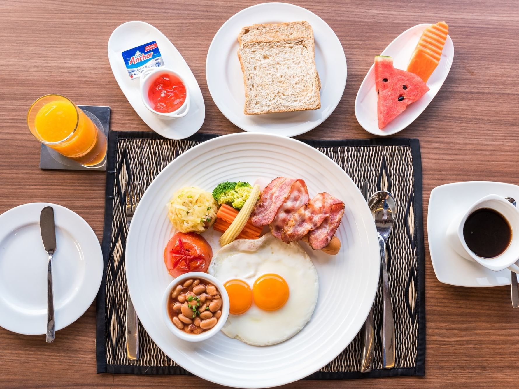 Overhead shot of served breakfast at Chatrium Golf Resort