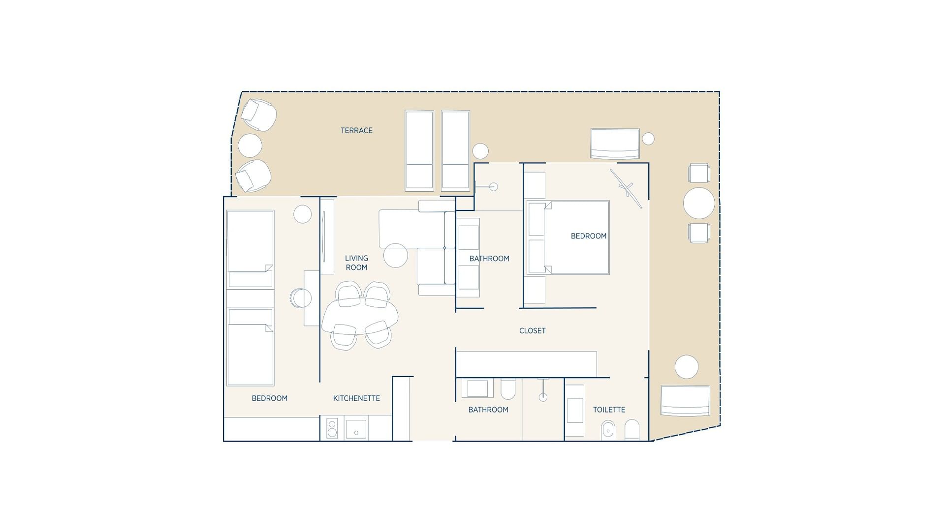 Floor plan showing two bedrooms, two bathrooms, a living room, kitchen, terrace, and closet.