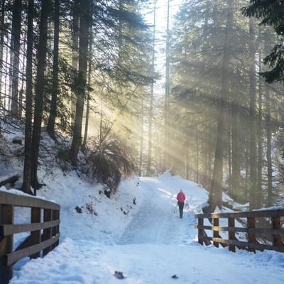 Hiker on a snowy pathway near Falkensteiner Hotels