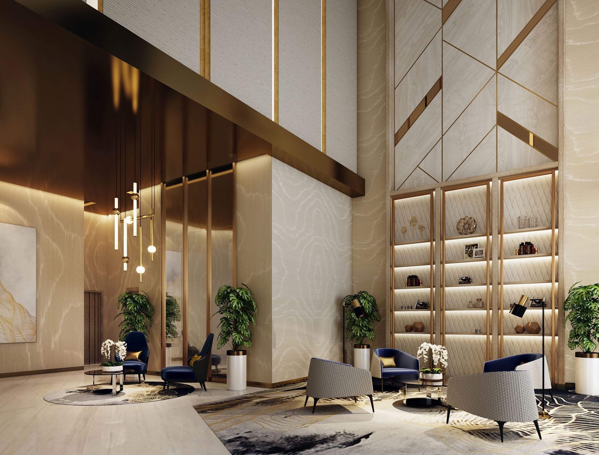 Lobby lounge area with plush seating at DAMAC Maison Aykon City, a luxury hotel apartment in Dubai